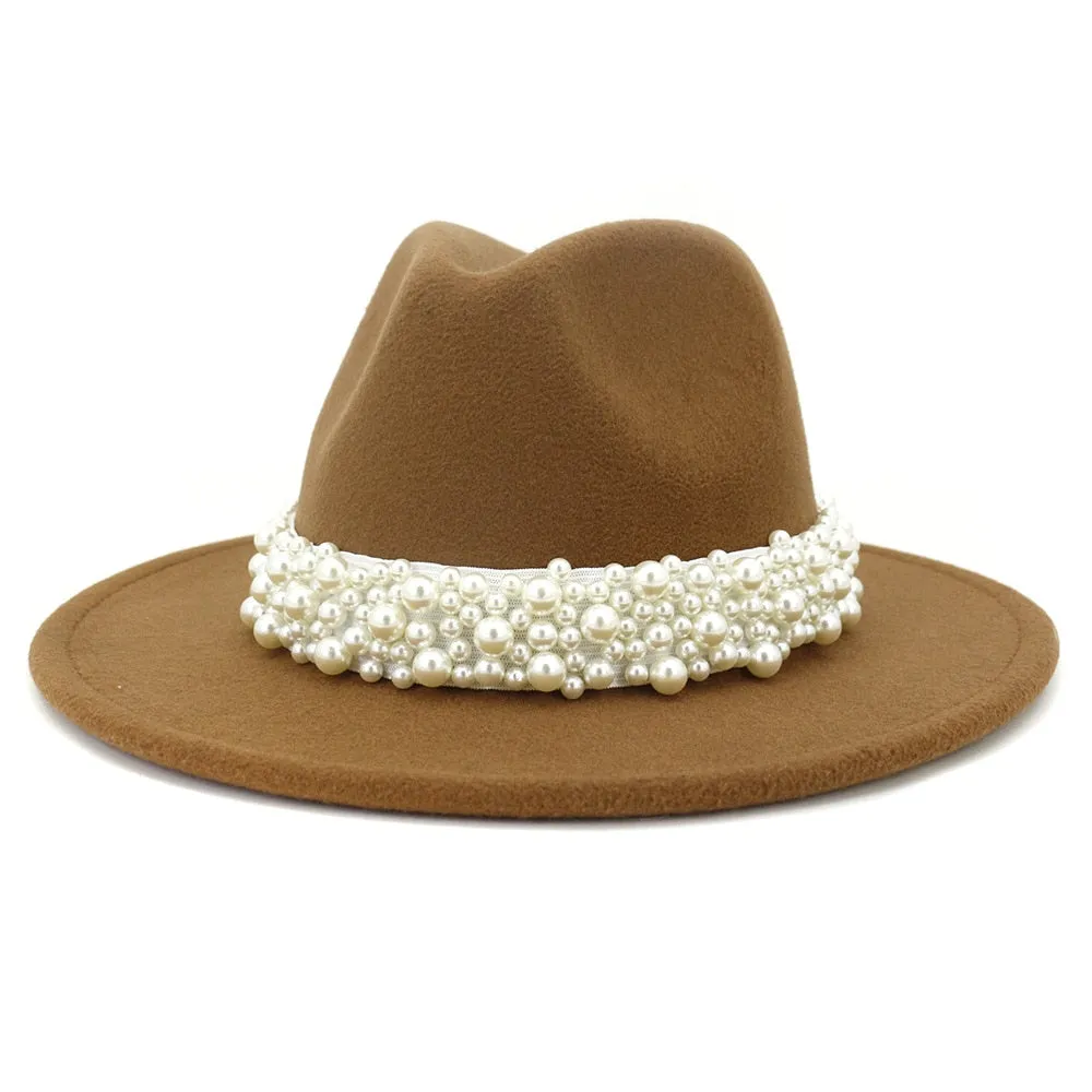Jazz Fedora Hats with Pearls Band Women White Felted Top Cap Wide Brim