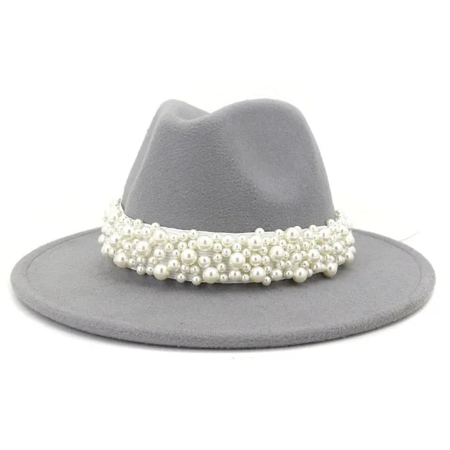 Jazz Fedora Hats with Pearls Band Women White Felted Top Cap Wide Brim