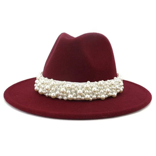 Jazz Fedora Hats with Pearls Band Women White Felted Top Cap Wide Brim