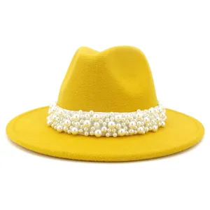 Jazz Fedora Hats with Pearls Band Women White Felted Top Cap Wide Brim
