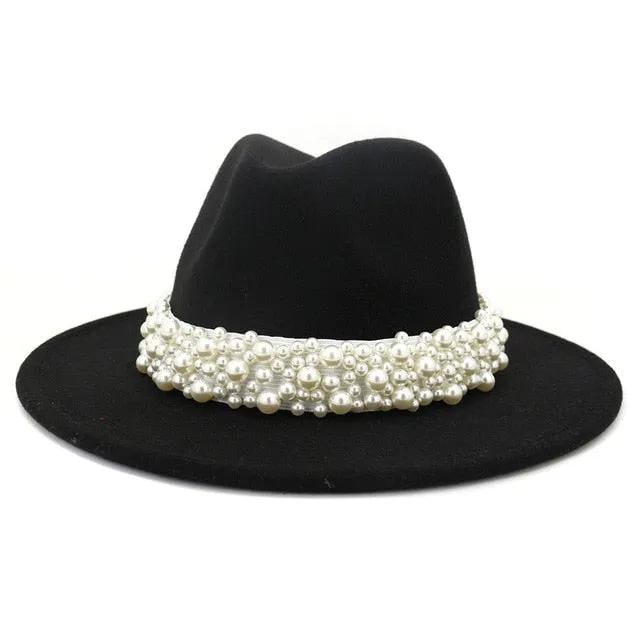 Jazz Fedora Hats with Pearls Band Women White Felted Top Cap Wide Brim