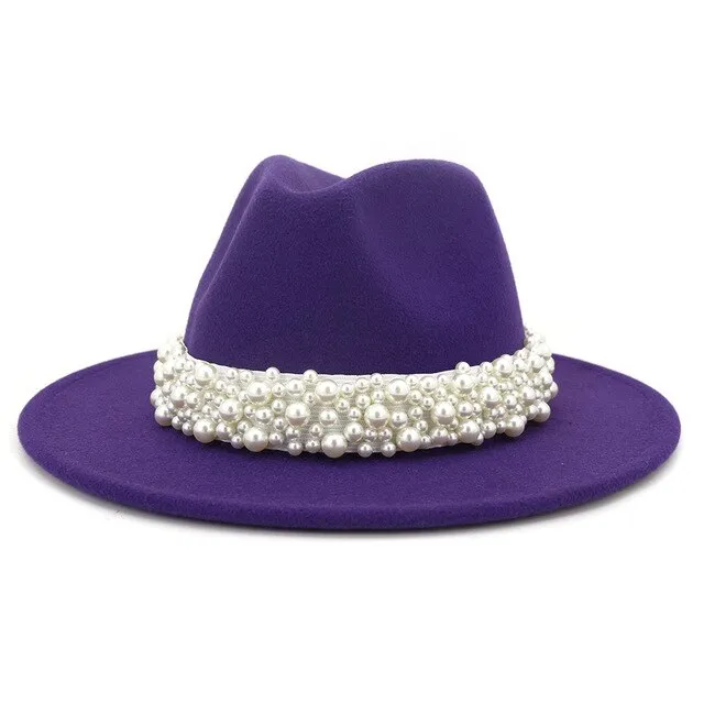 Jazz Fedora Hats with Pearls Band Women White Felted Top Cap Wide Brim