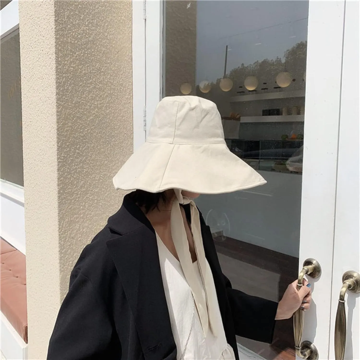 KIAZHAO Bucket Hat Summer Autumn Large Brim Fisherman Hat Women Cotton Linen Round Dome Bandage Bow Big Foldable Sun Hats F