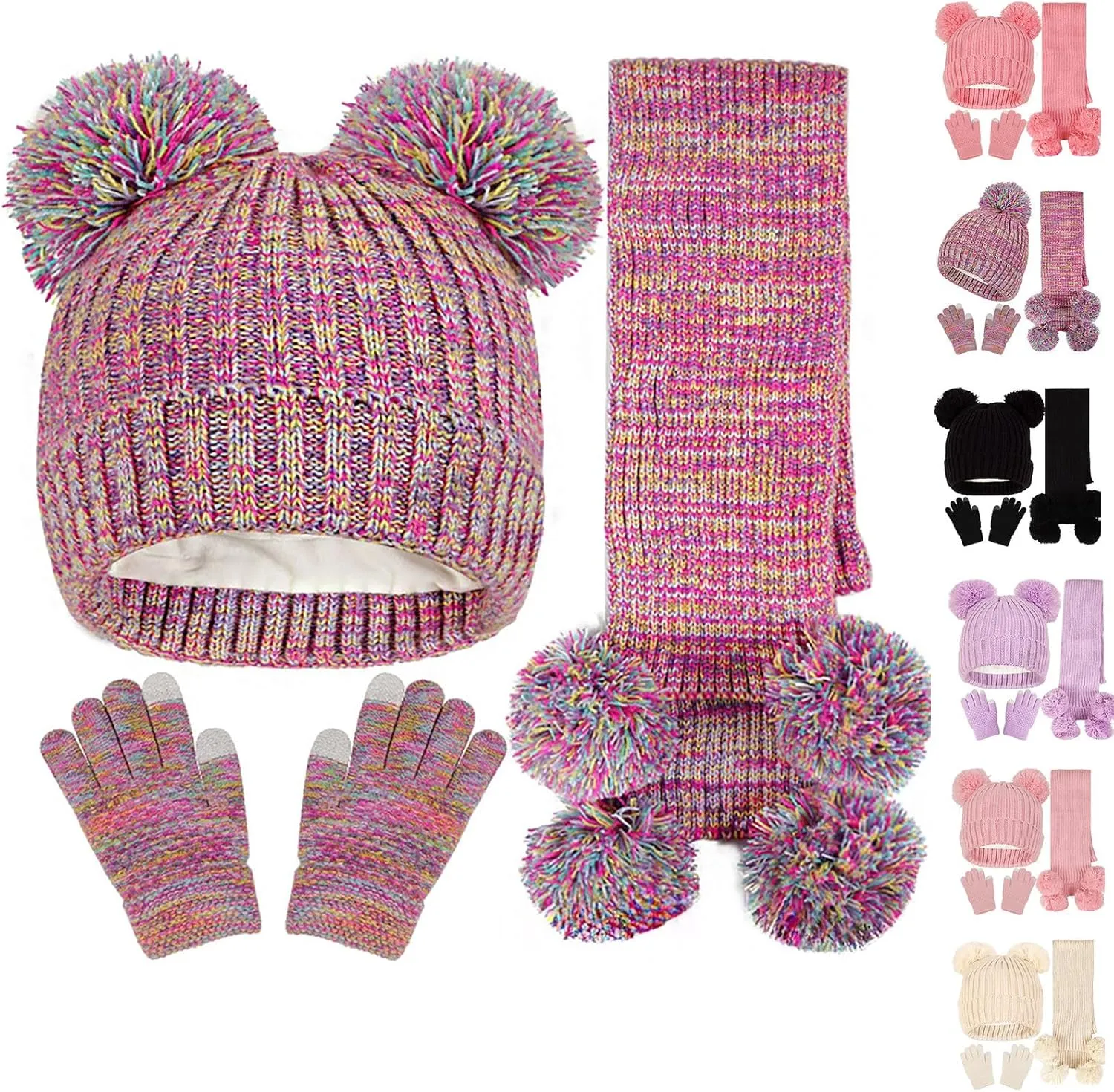 Kids Toddler Winter Beanie Hats Gloves Long Scarf Leopard Print Warm Knit Set Pompom Beanie Neck Warmer Mittens Gifts