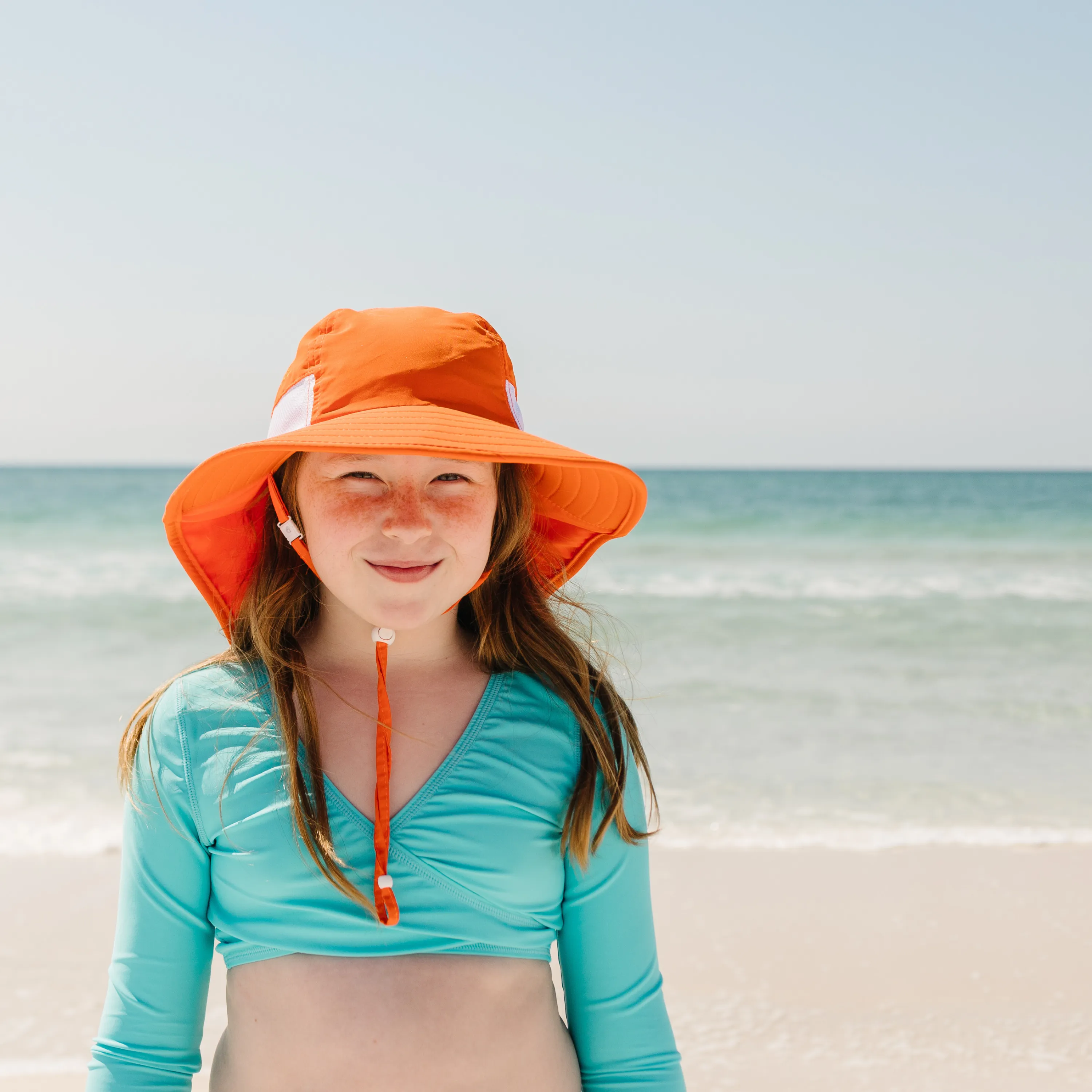 Kids Wide Brim   Flap Neck Sun Protective Adventure Hat - Orange