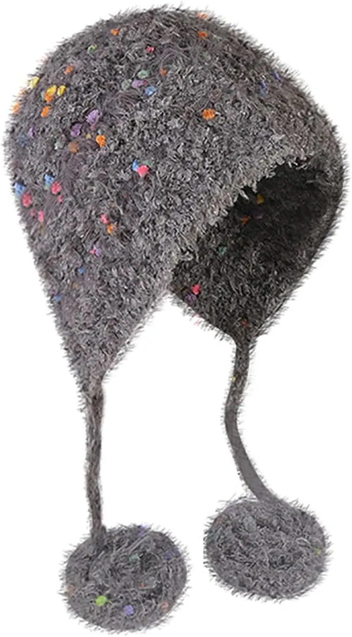 Knit Hats Winter Fleece Skiing Winter Caps Warm Ear Flap Drawstring Pompom Knitted Skull Cap Chunky Ear Protection Hat