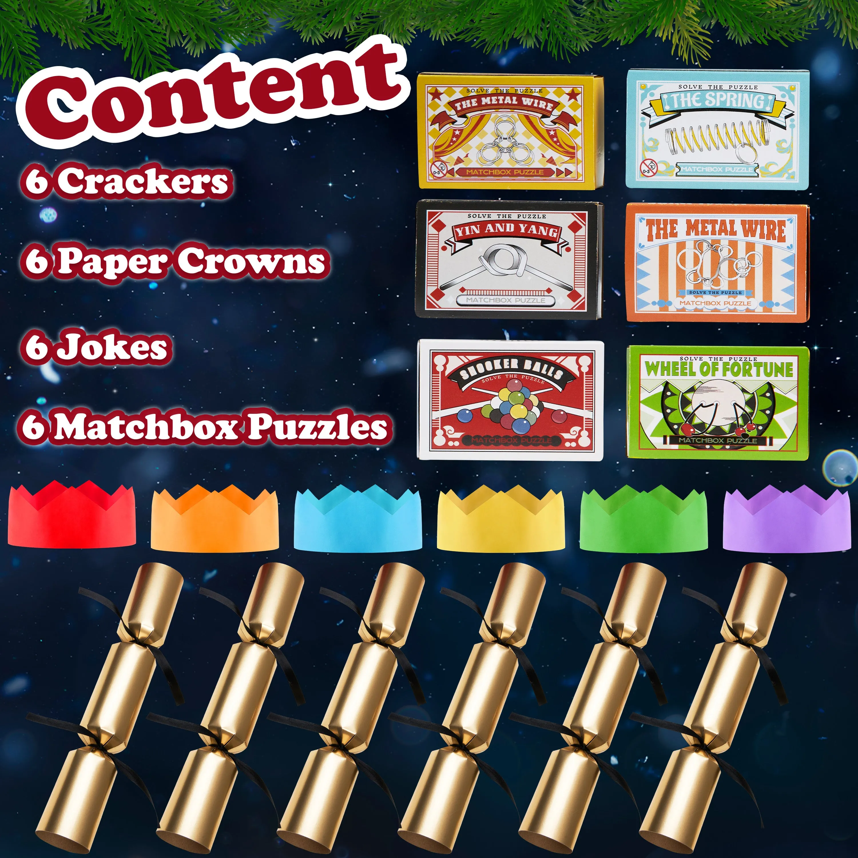 KreativeKraft Christmas Crackers, Pack of 6 Crackers with Puzzles, Festive Fun