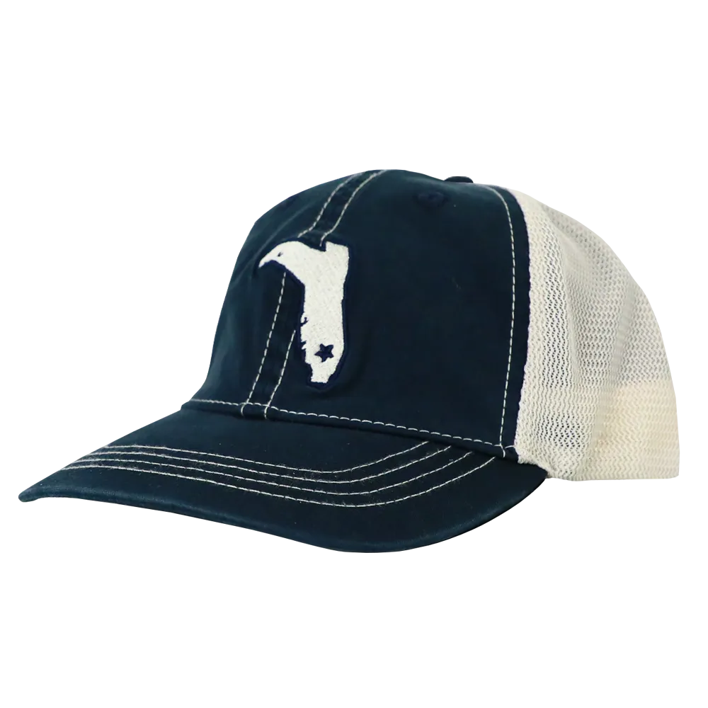 LADIES' PONYTAIL NAVY AND IVORY  VINTAGE TRUCKER SNAPBACK HAT