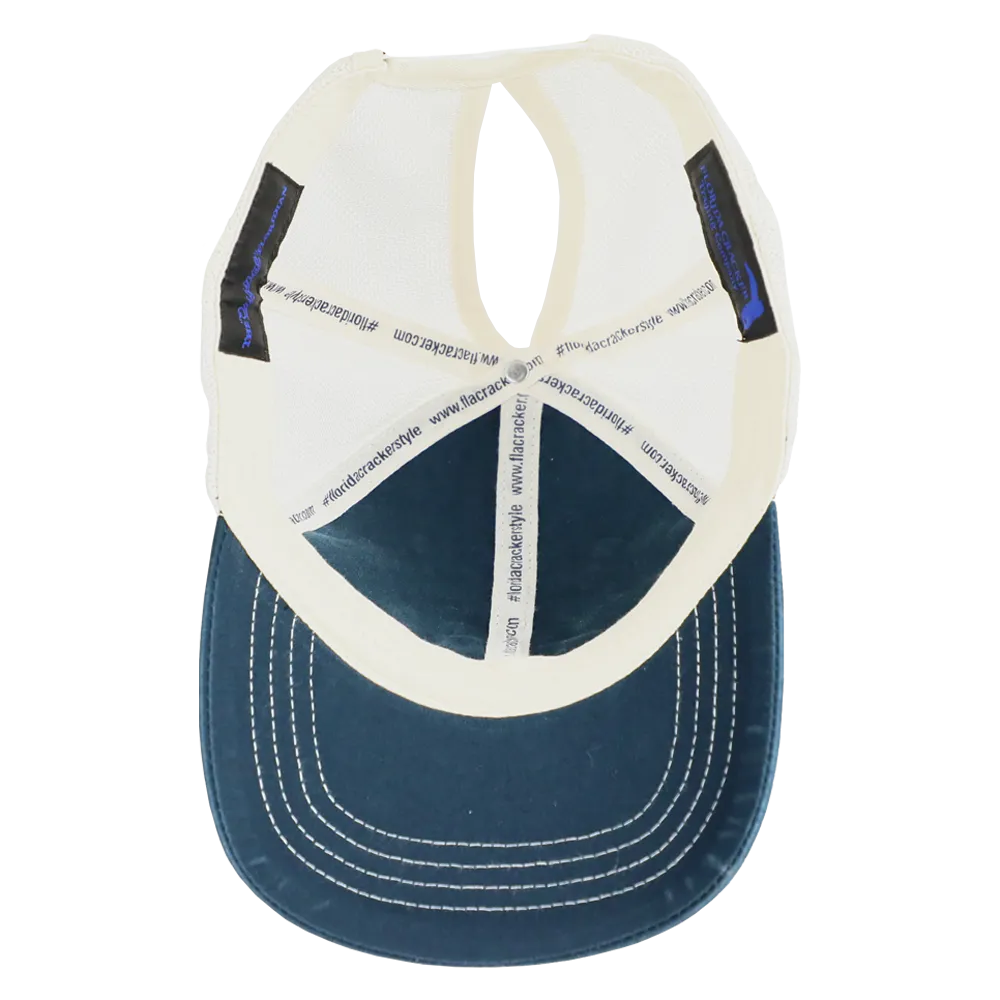 LADIES' PONYTAIL NAVY AND IVORY  VINTAGE TRUCKER SNAPBACK HAT