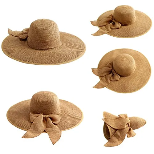 Lanzom Womens Big Bowknot Straw Hat Floppy Foldable Roll up Beach Cap Sun Hat UPF 50  (Khaki)