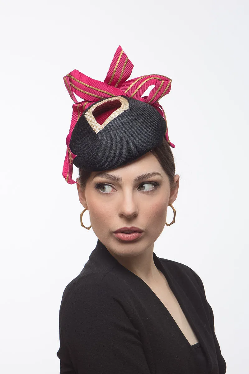 Layered Cocktail Hat in Pink, Gold & Black