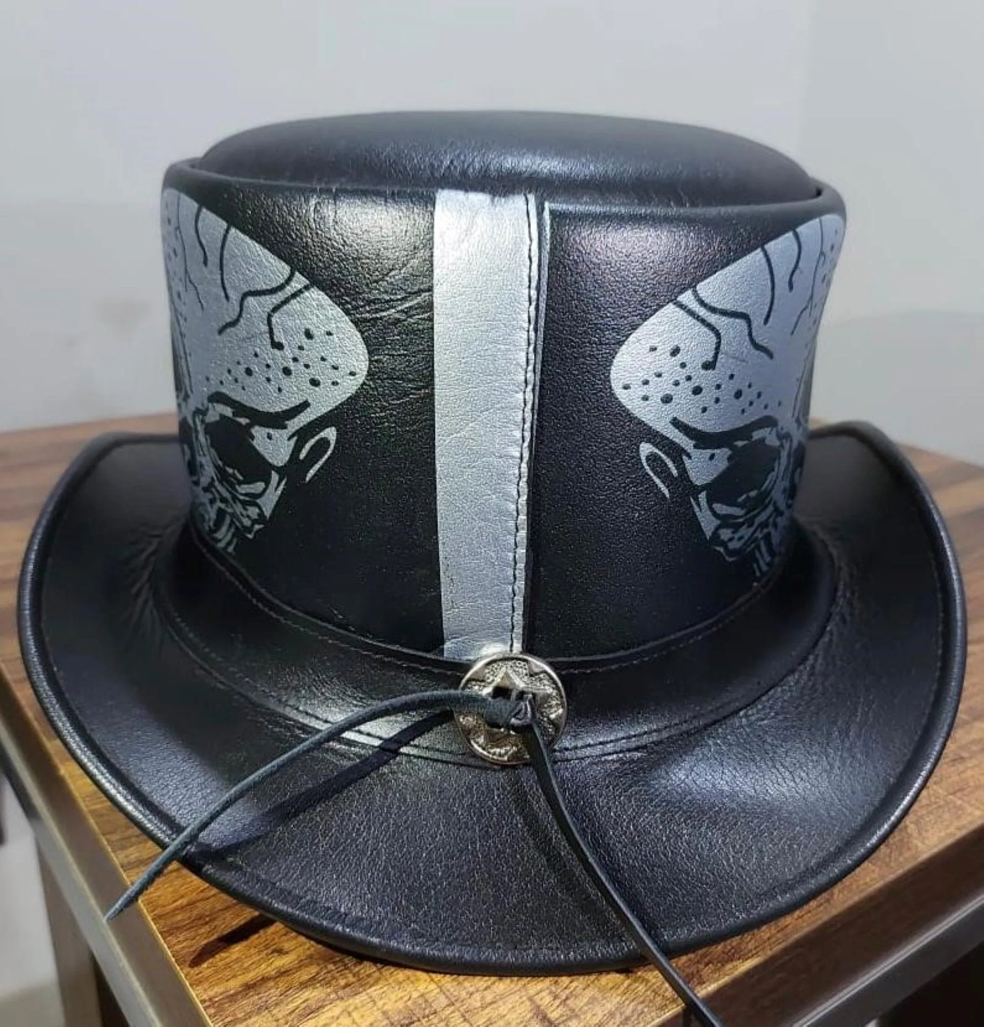 Leather Top Hat Skull Print  Black & silver Real Leather Handmade