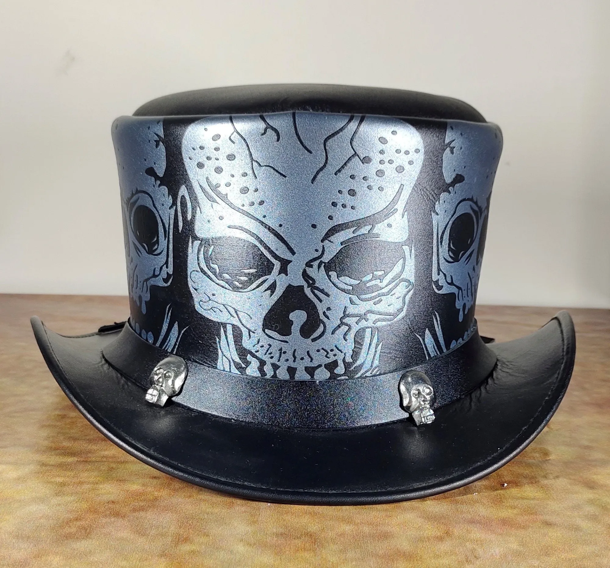 Leather Top Hat Skull Print  Black & silver Real Leather Handmade