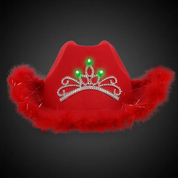 LED Light Up Feather Red Cowboy Hat With Tiara