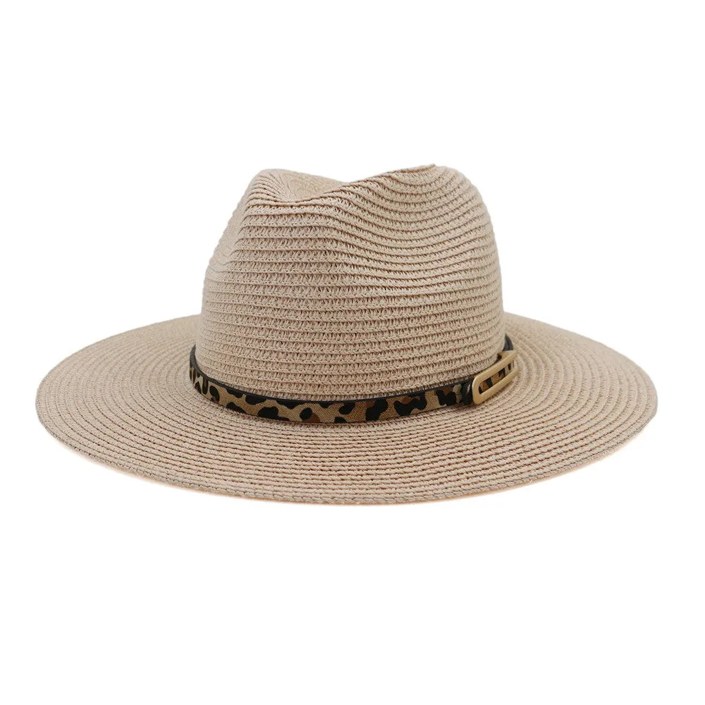 Leopard Leather Belt U Shaped Buckle Straw Hat