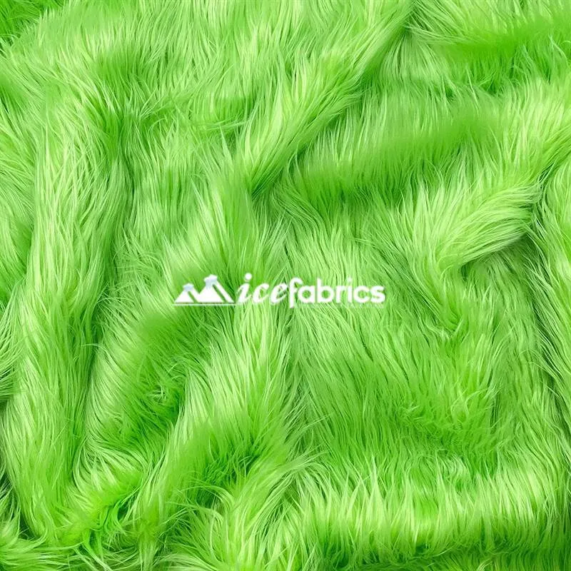 Lime Green Shaggy Mohair Long Pile Faux Fur Fabric By The Yard