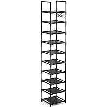 LUKYTOWER Tall Shoe Rack Narrow 10Tier Shoe Racks Organizer for Closet 10-15Pairs, Storage Rack for Shoes with 5Hooks, Sturdy Metal Shoe Shelf, Vertical Skinny Shoe Stand for Small Space