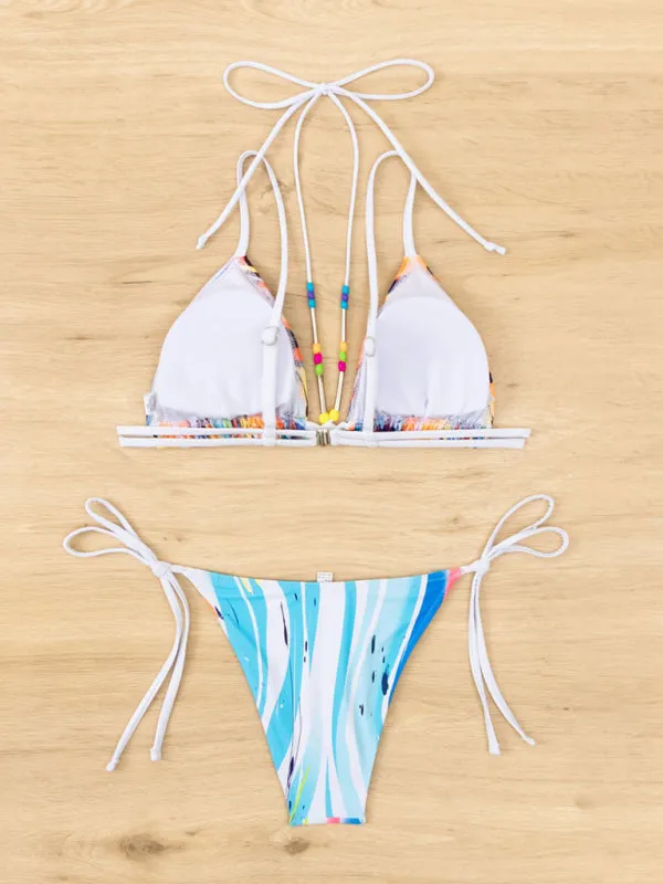 Luna Drawstring Beaded Lace Printed Split Triangle Bikini