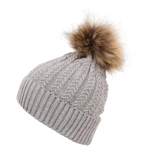 Luxury Ladies Wool Fur Pom Pom Hat - Light Grey