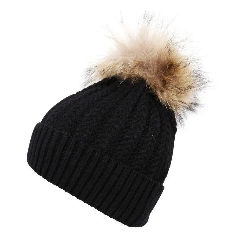 Luxury Wool Fur Pom Pom Hat - Black