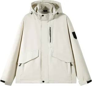 Mens Outdoor Hiking Jacket Fashion Soild Color Casual Zip Jackets Waterproof Windbreaker Hooded Rain Jackets Coats