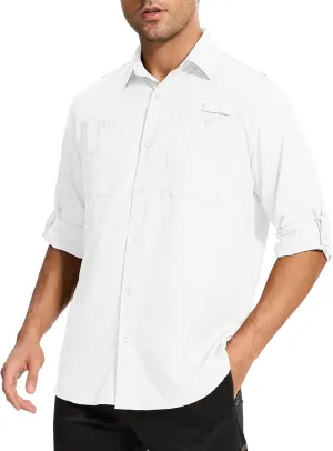 Mens Safari Shirt Long Sleeve UPF 50  Sun Protection Fishing Shirts Men，Convertible Cuffs Hiking Shirts for Men