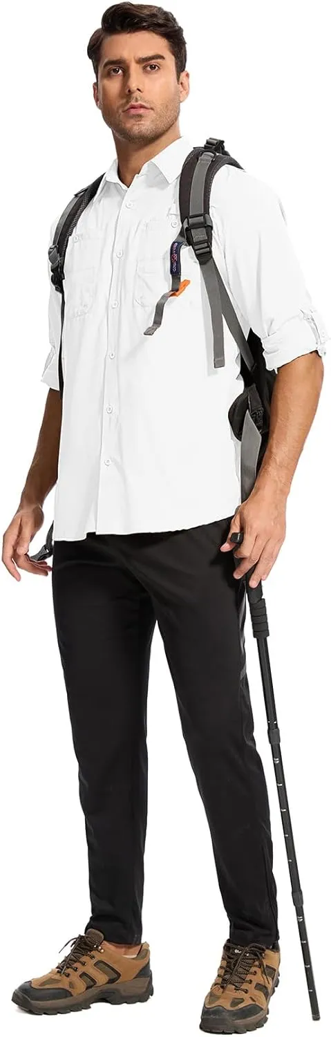 Mens Safari Shirt Long Sleeve UPF 50  Sun Protection Fishing Shirts Men，Convertible Cuffs Hiking Shirts for Men