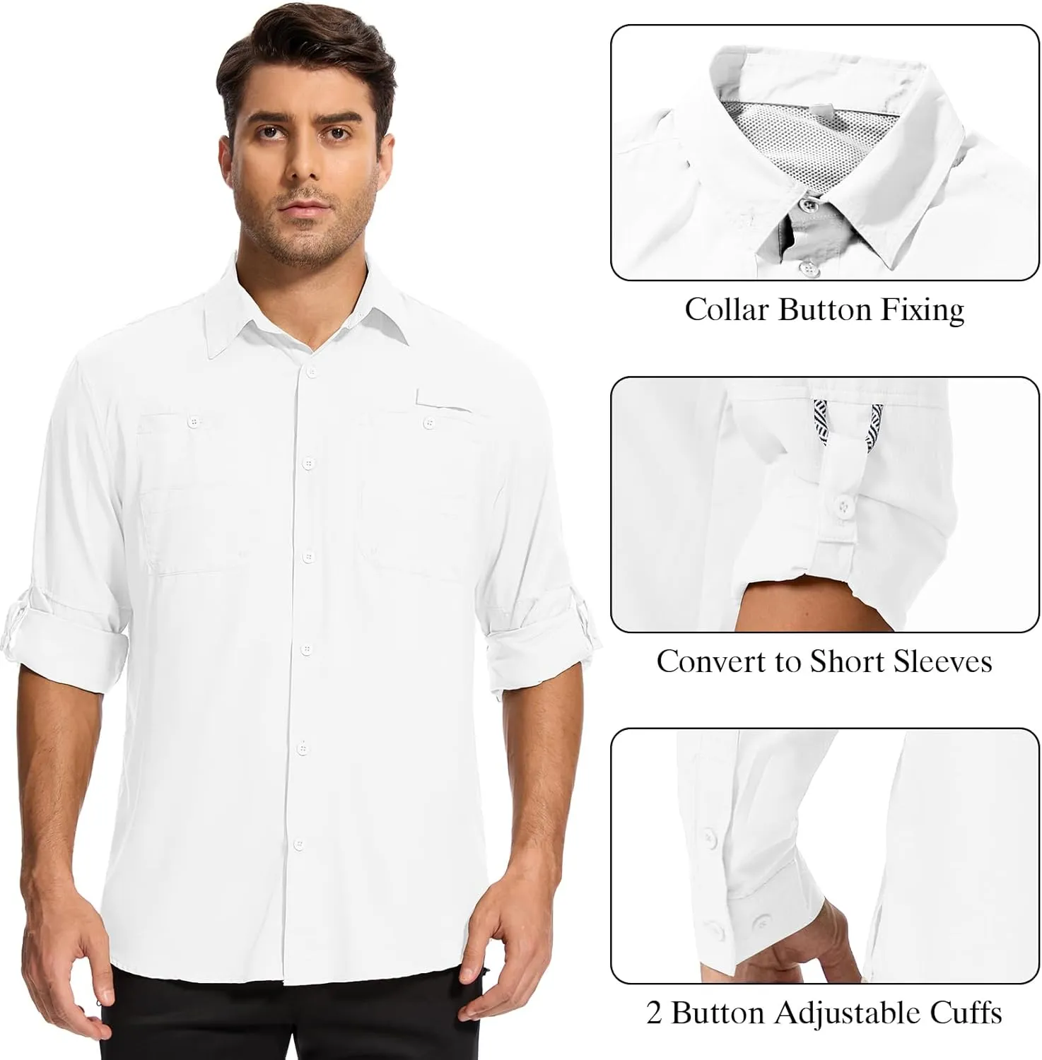 Mens Safari Shirt Long Sleeve UPF 50  Sun Protection Fishing Shirts Men，Convertible Cuffs Hiking Shirts for Men