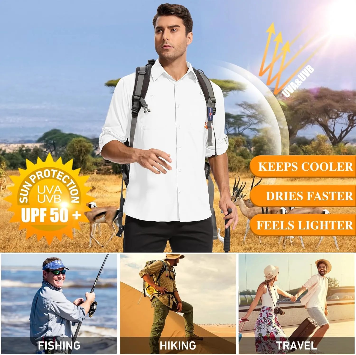 Mens Safari Shirt Long Sleeve UPF 50  Sun Protection Fishing Shirts Men，Convertible Cuffs Hiking Shirts for Men