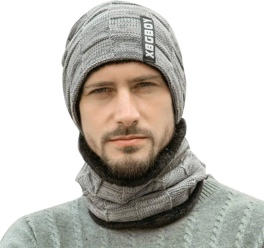 Mens Winter Hat Scarf Set Warm Knit Hat Womens Thick Fleece Lined Winter Cap Neck Warmer for Men Women