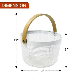 Mesh Steel Basket with Wooden Handle-Round White