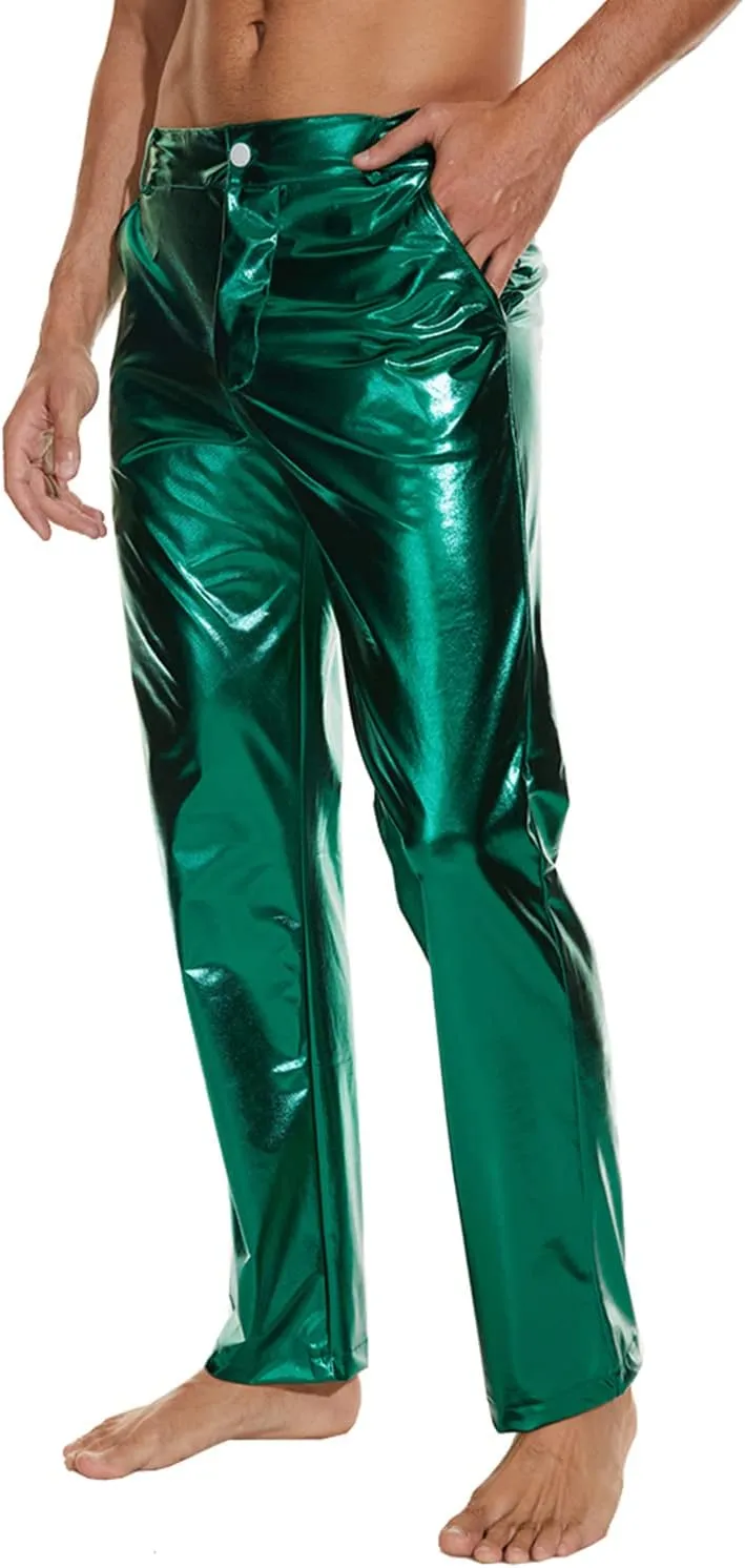 Metallic Shiny Disco Pants for Men, 70s/80s Party Rave Pants, Vintage Cosplay Straight Leg Trousers
