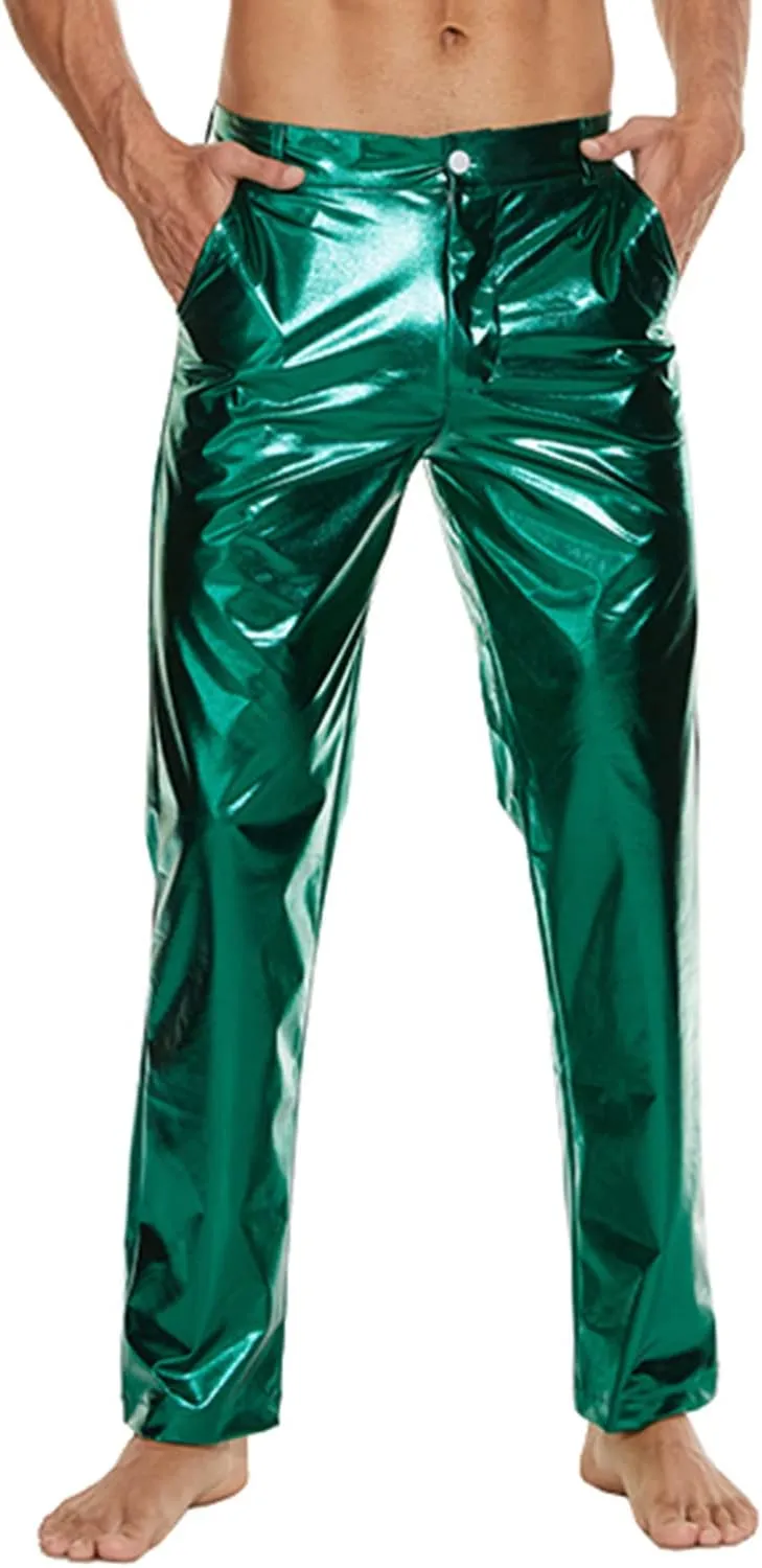 Metallic Shiny Disco Pants for Men, 70s/80s Party Rave Pants, Vintage Cosplay Straight Leg Trousers