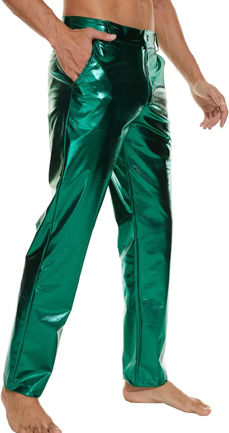 Metallic Shiny Disco Pants for Men, 70s/80s Party Rave Pants, Vintage Cosplay Straight Leg Trousers