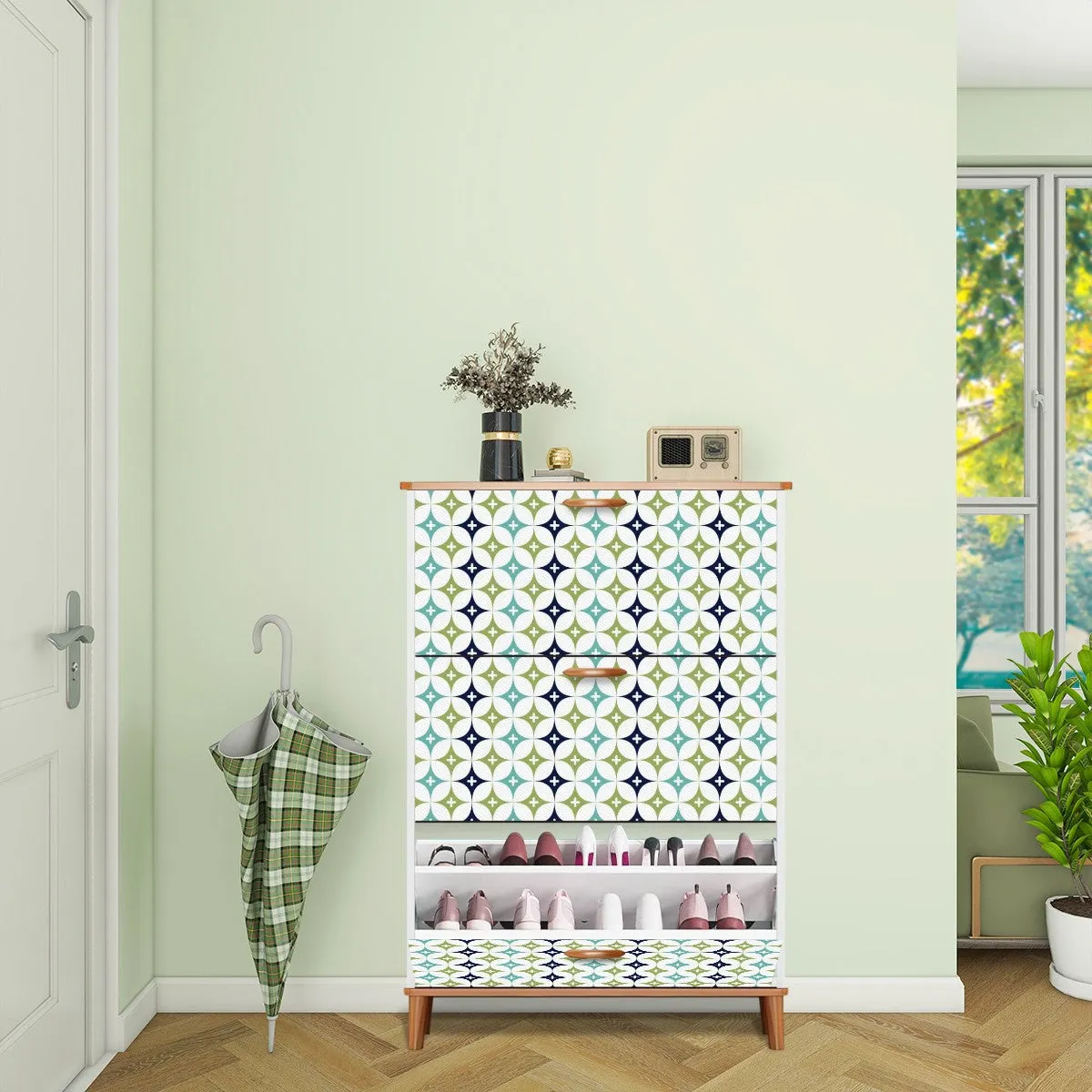 Mid Century Modern Atomic Blue, Green Shoe Storage Cabinet