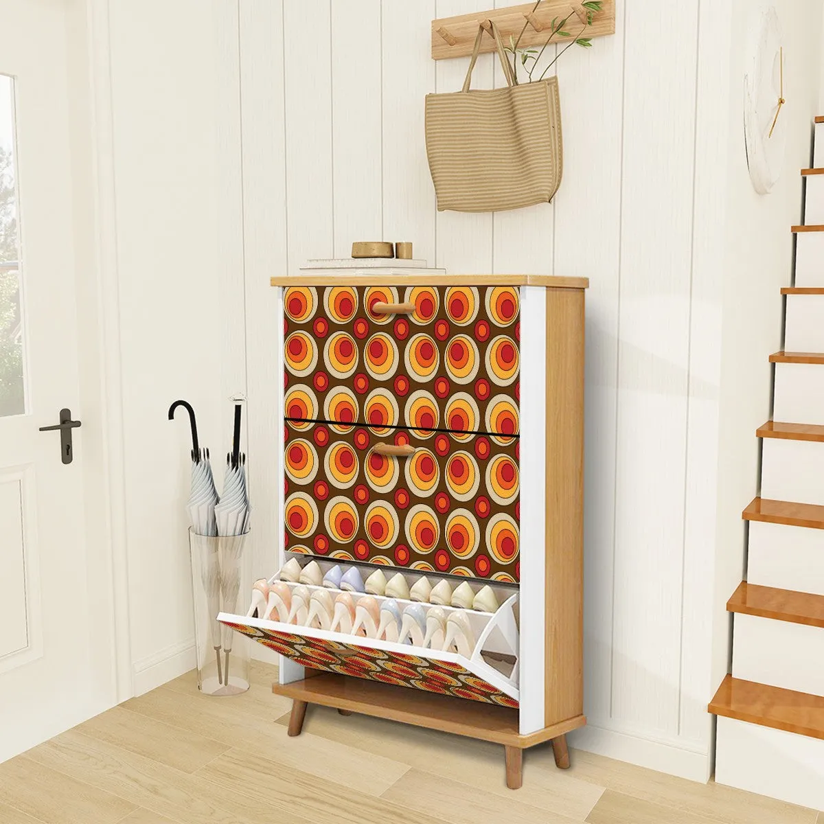 Mid Century Modern Shoe Cabinet, Retro Orbs Brown Orange Yellow Mod Furniture Cabinet