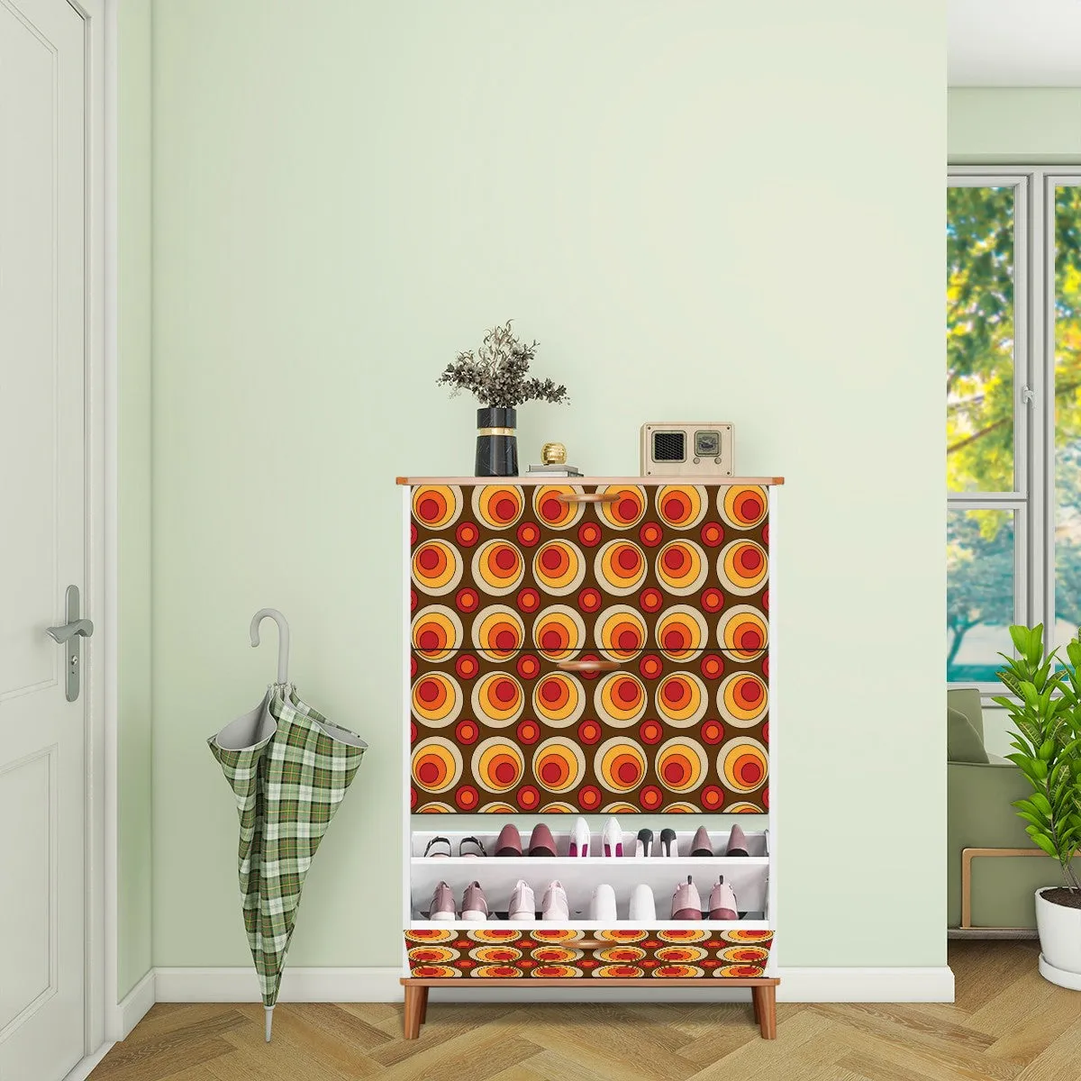 Mid Century Modern Shoe Cabinet, Retro Orbs Brown Orange Yellow Mod Furniture Cabinet