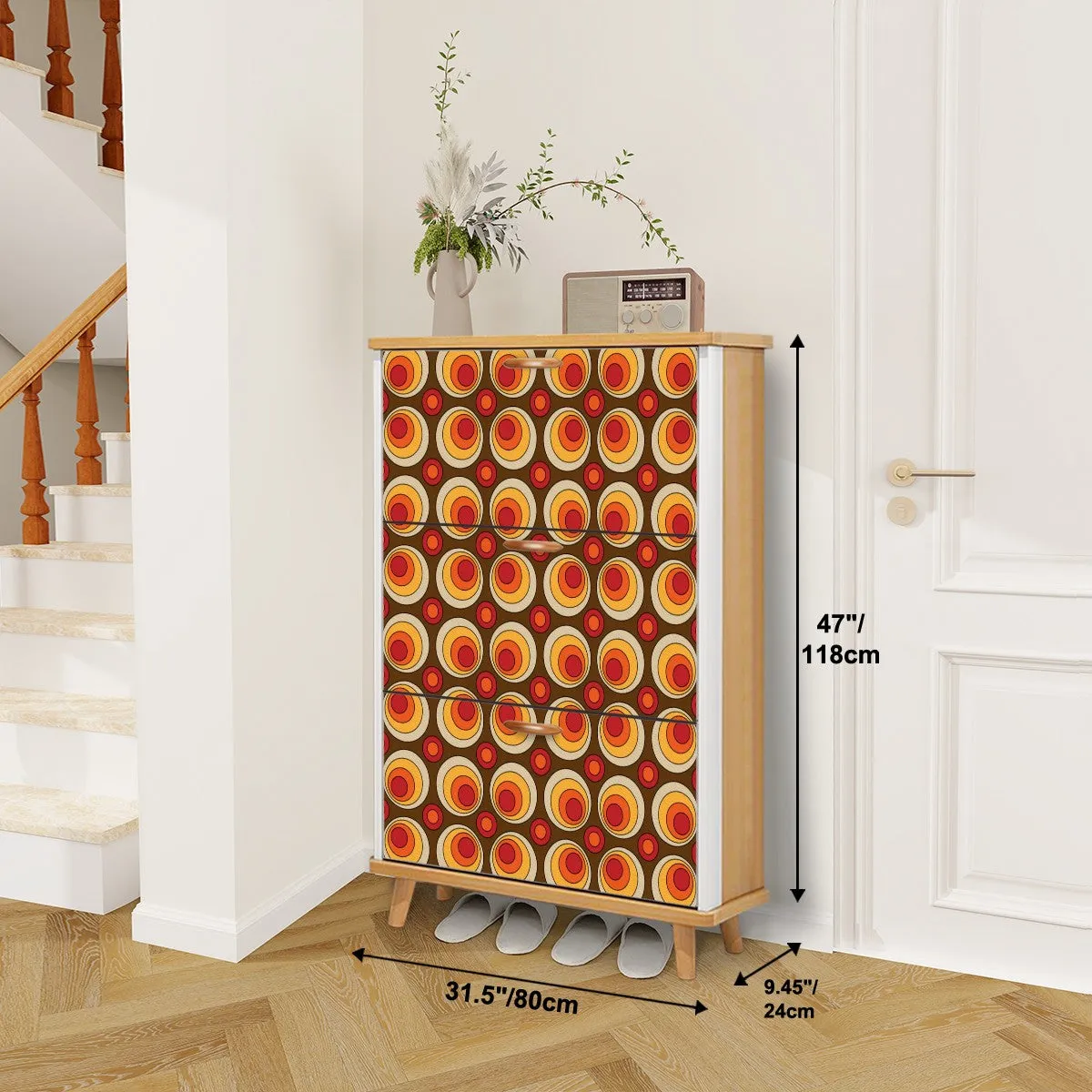 Mid Century Modern Shoe Cabinet, Retro Orbs Brown Orange Yellow Mod Furniture Cabinet