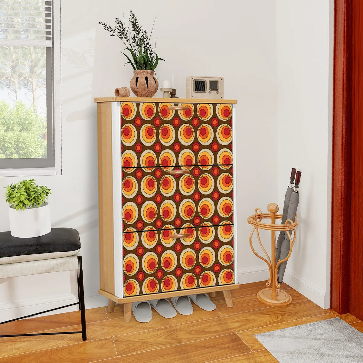 Mid Century Modern Shoe Cabinet, Retro Orbs Brown Orange Yellow Mod Furniture Cabinet