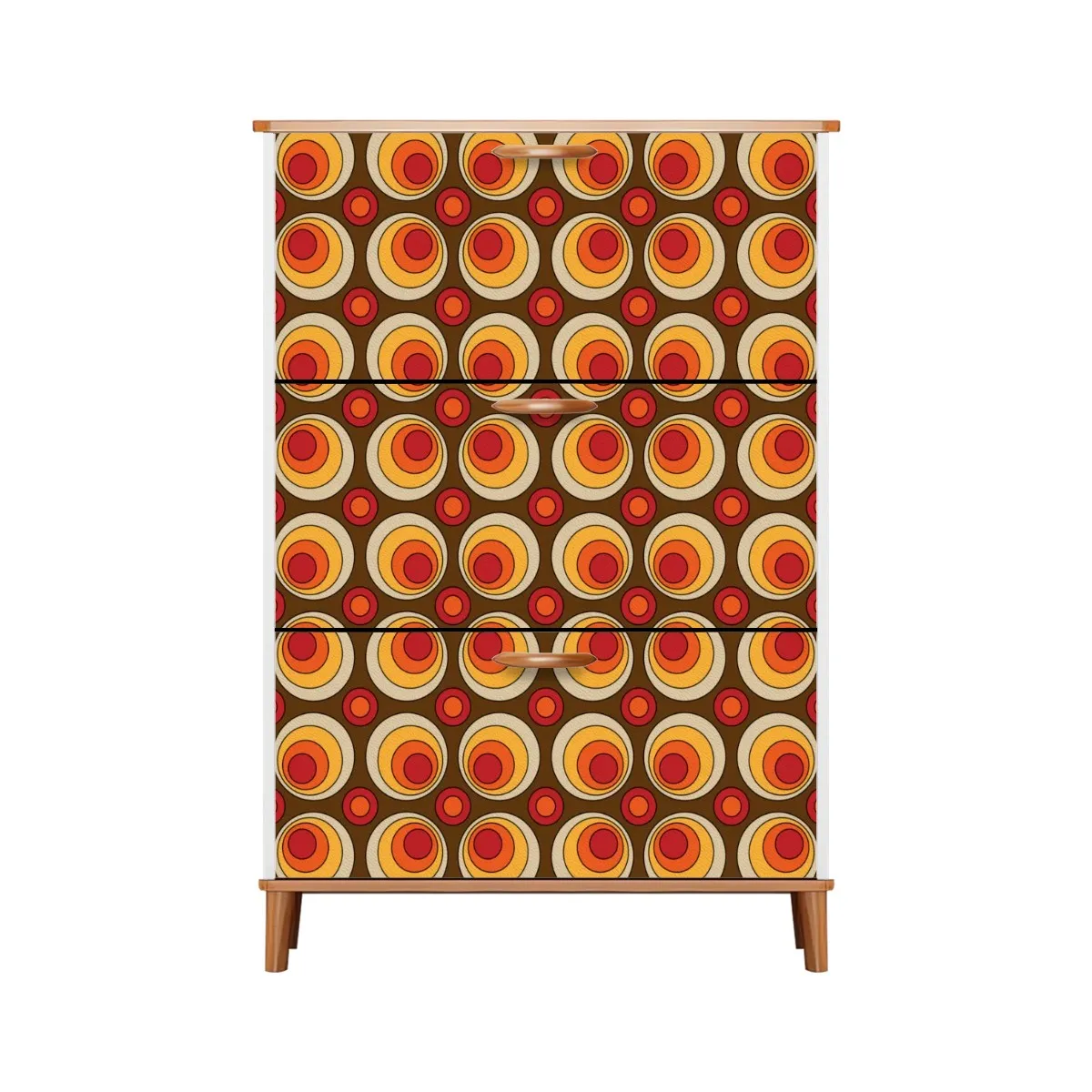 Mid Century Modern Shoe Cabinet, Retro Orbs Brown Orange Yellow Mod Furniture Cabinet