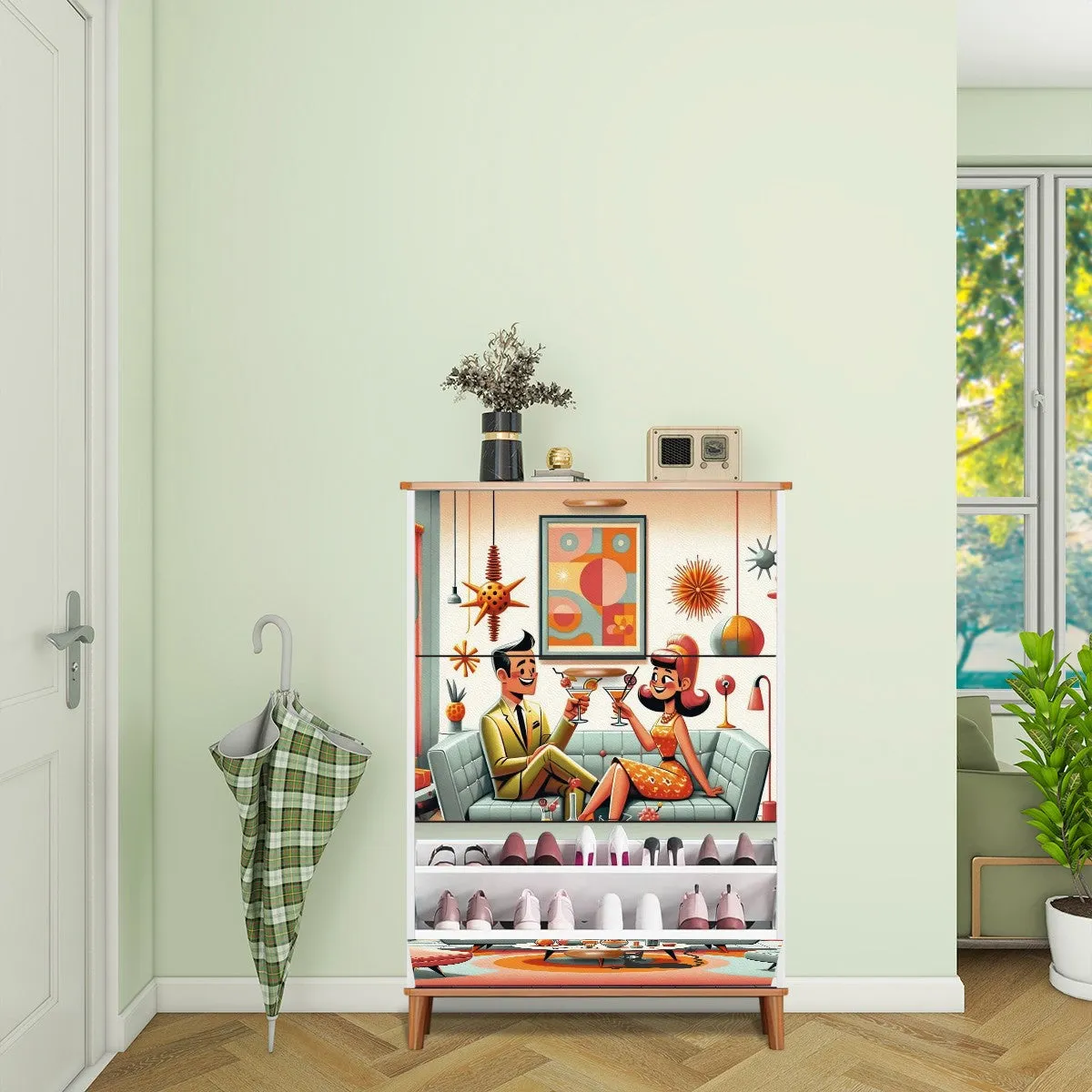 Mid Century Modern Shoe Storage, Kitschy Mod Designed Shoe Cabinet