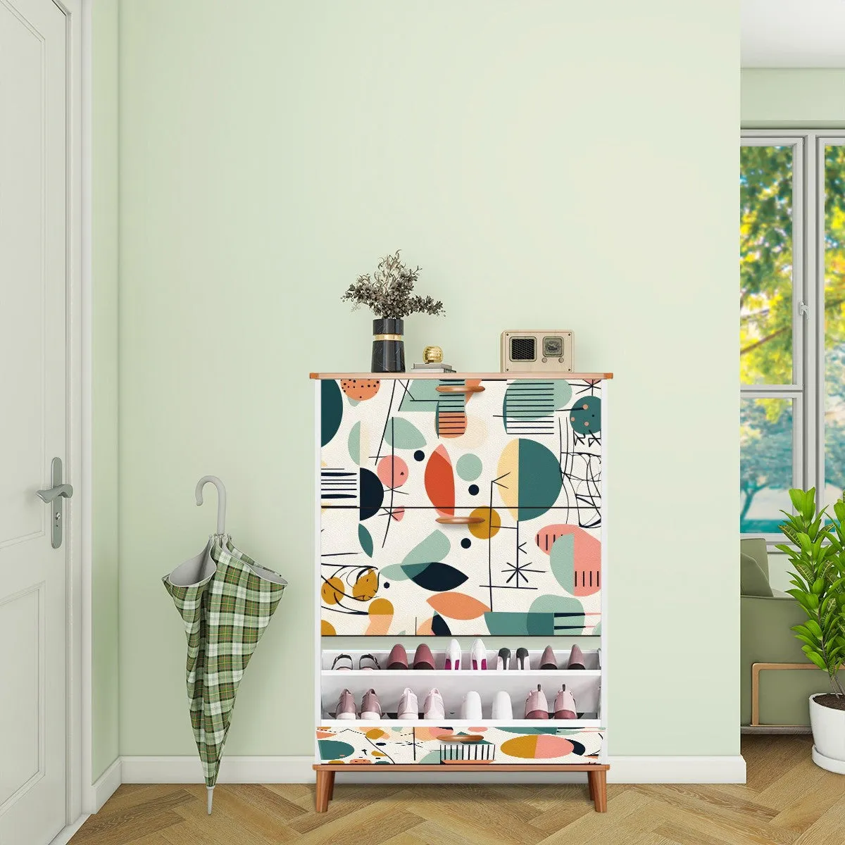 Mid Mod Boho Designed Shoe Storage Shoe Cabinet
