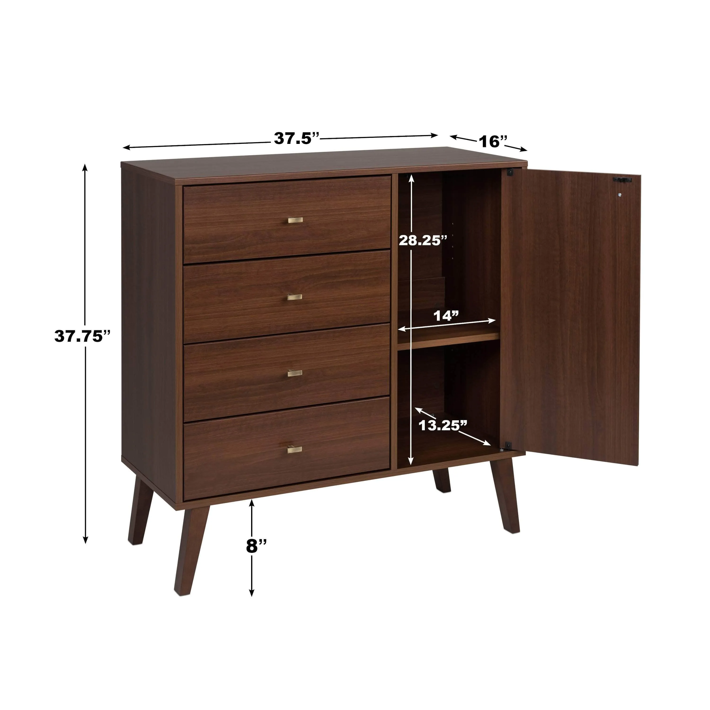 Milo Mid-Century 4 Drawer Chest with Door - Available in 4 Colours