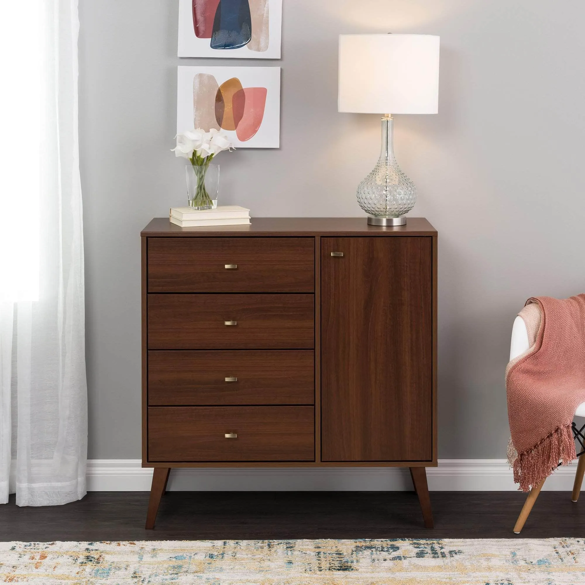 Milo Mid-Century 4 Drawer Chest with Door - Available in 4 Colours