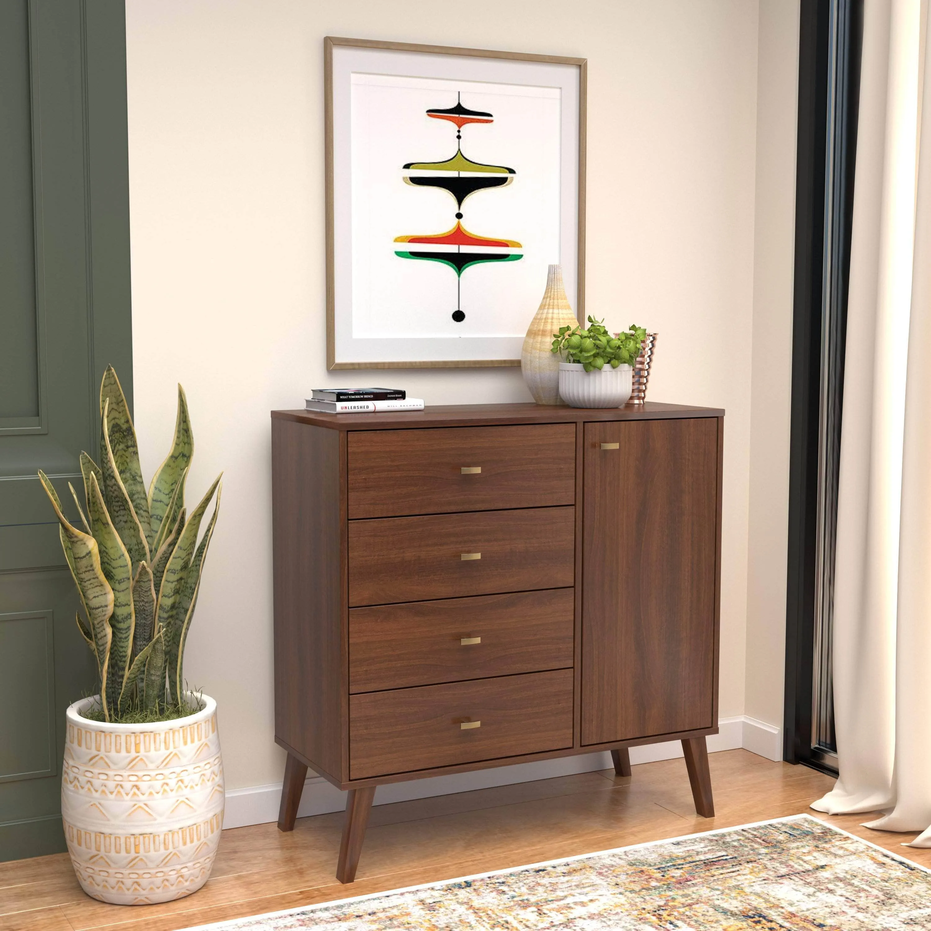 Milo Mid-Century 4 Drawer Chest with Door - Available in 4 Colours