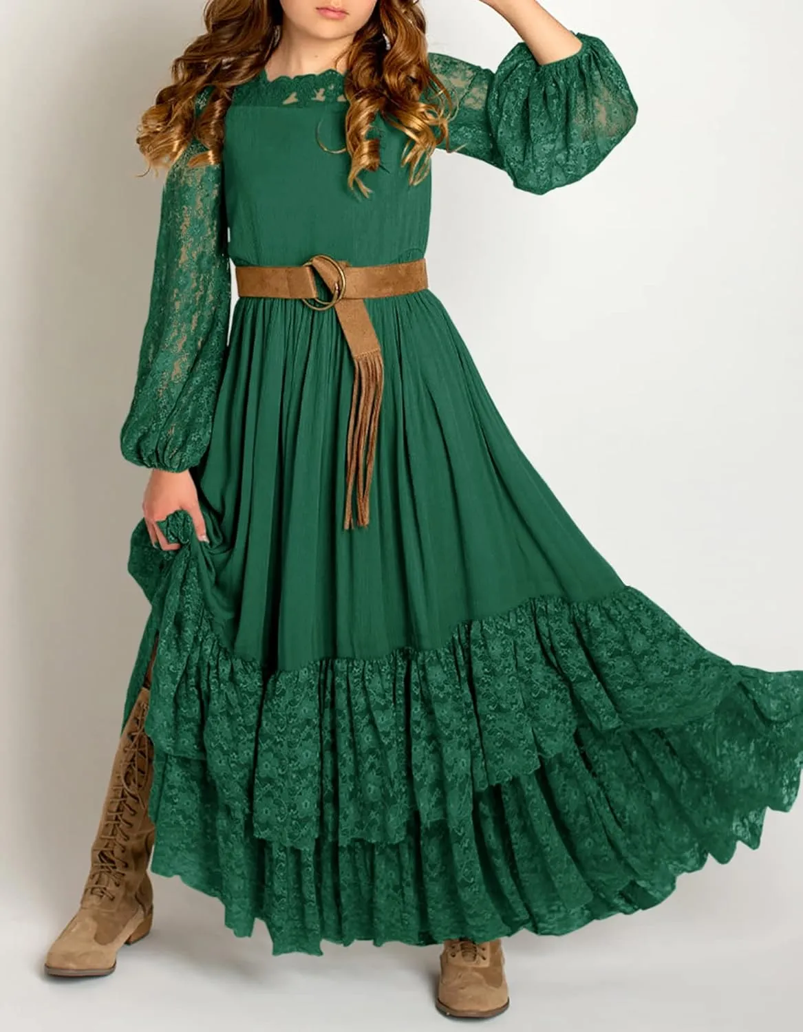 MITILLY Girls Boho Long Sleeve Backless Lace Flower Square Neck Tiered Ruffle Swing Party Maxi Dress