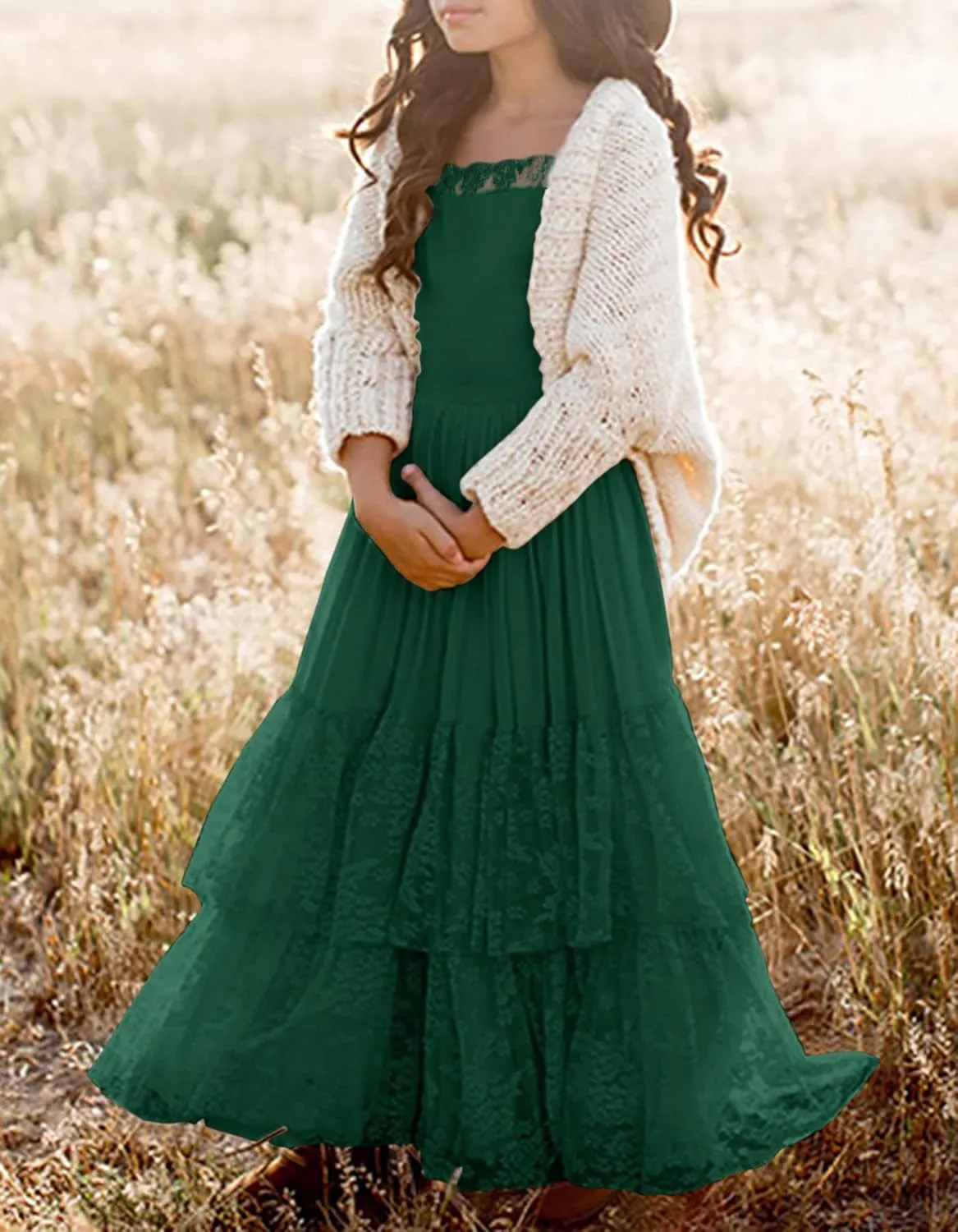 MITILLY Girls Boho Long Sleeve Backless Lace Flower Square Neck Tiered Ruffle Swing Party Maxi Dress