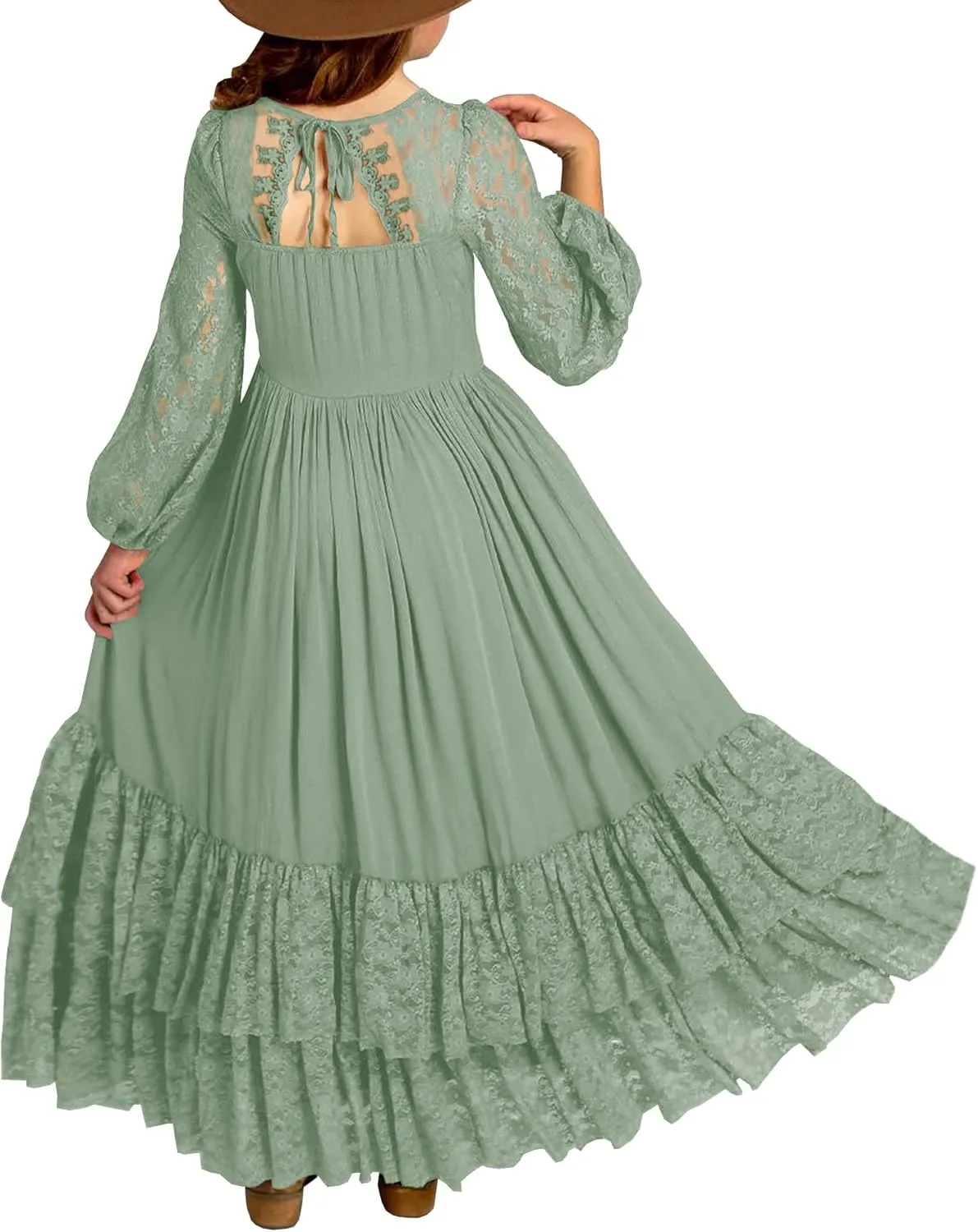 MITILLY Girls Boho Long Sleeve Backless Lace Flower Square Neck Tiered Ruffle Swing Party Maxi Dress