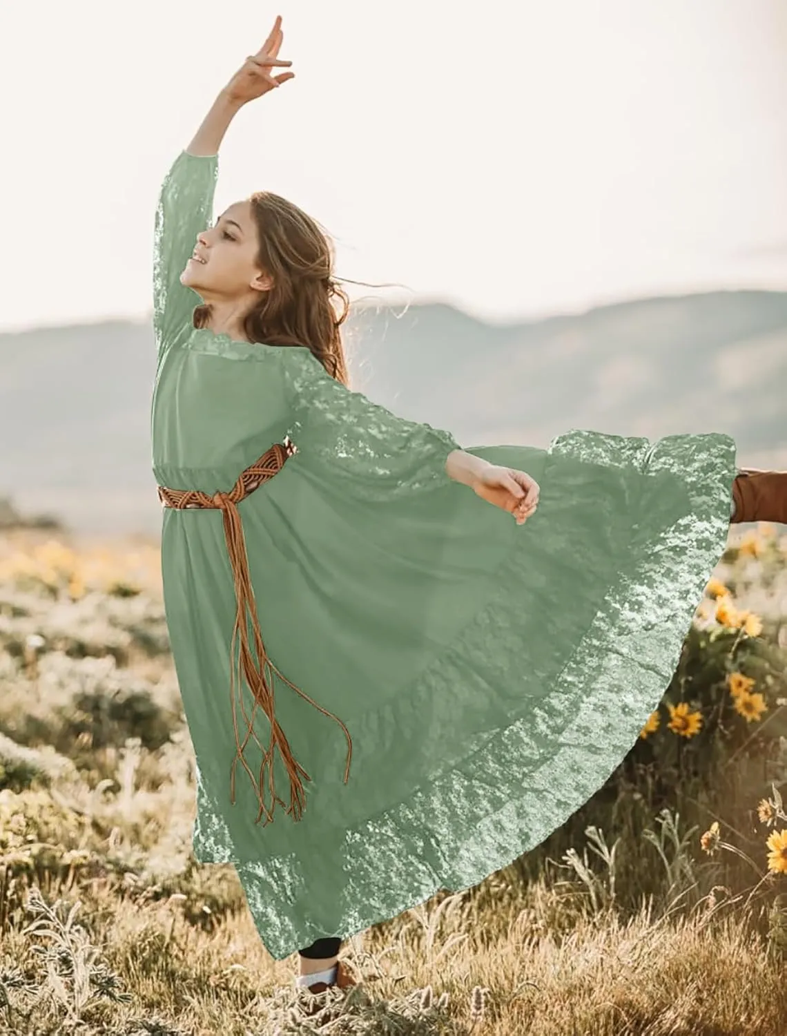 MITILLY Girls Boho Long Sleeve Backless Lace Flower Square Neck Tiered Ruffle Swing Party Maxi Dress