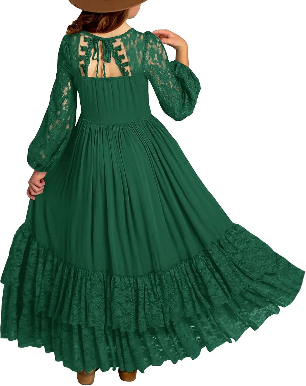 MITILLY Girls Boho Long Sleeve Backless Lace Flower Square Neck Tiered Ruffle Swing Party Maxi Dress